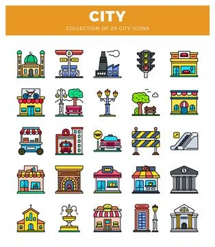 Flat city icons on a white background. featuring buildings. vehicles. and u.. Ilustración de archivo