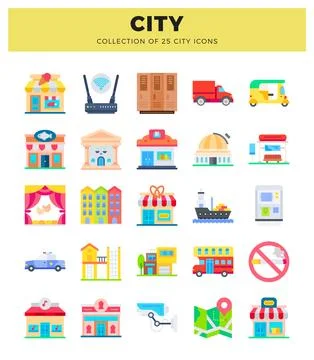 Flat city icons on white background. featuring buildings. vehicles. and ser.. Stockillustratie