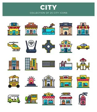 Flat city icons in a white background. showing buildings. vehicles. and ame.. Stock Illustration