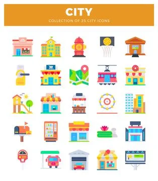 Flat city icons on white background. Diverse urban elements in bright. mode.. Stockillustratie