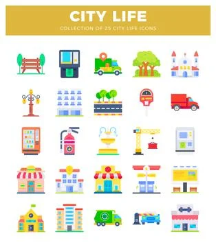 Flat city life icons including buildings. vehicles. and urban elements Stock Illustration