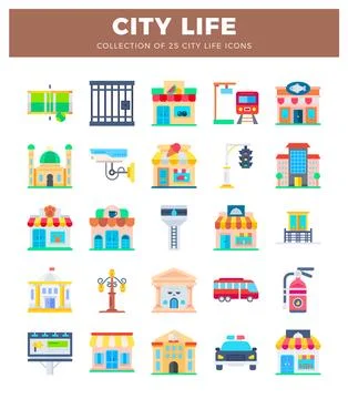 Flat city life icons including buildings. transportation. and street elements Stock Illustration