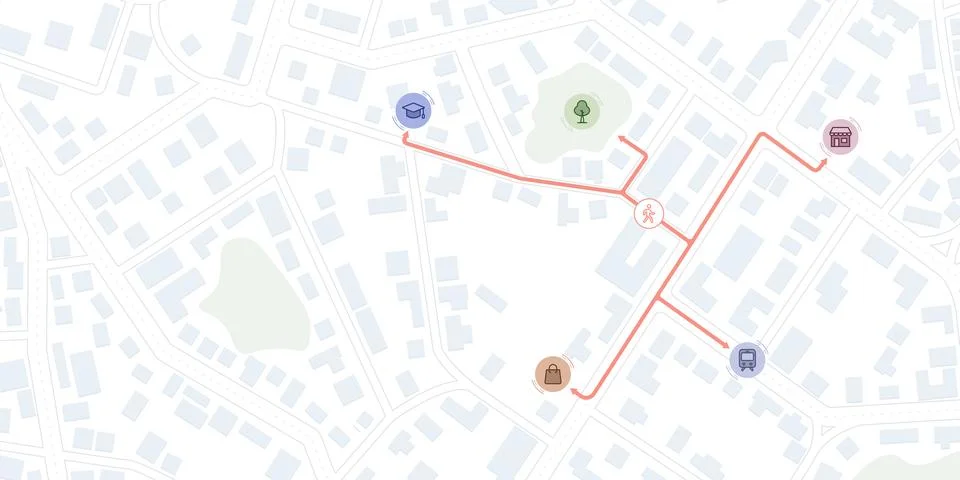 Flat city map showing walking routes to various service location icons Stock Illustration