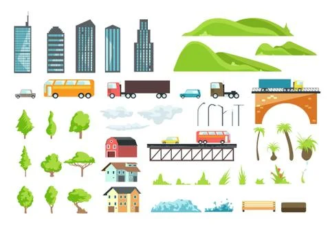 Flat city map vector elements with urban transport, road, trees and buildings Stock Illustration