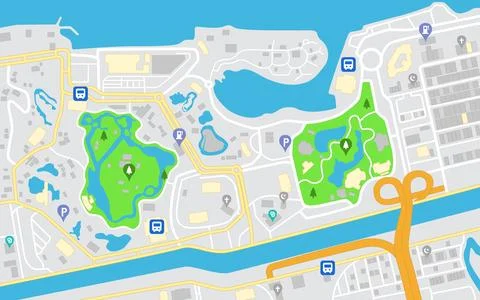 Flat City Navigation Map, Streets Parks and River with Top View, Vector Ill.. Illustrazione stock