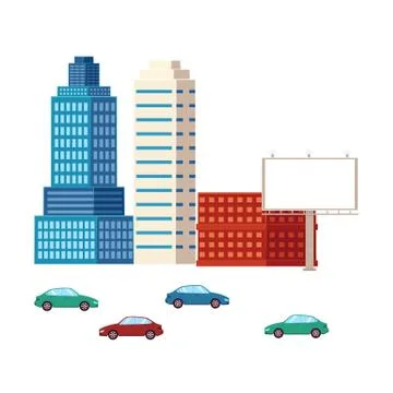 Flat city, urban elements buildings and cars Illustrazione stock