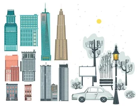 Flat city, urban elements in winter season 스톡 일러스트