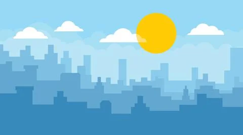 Flat cityscape with blue sky, white clouds and sun Stock-Illustration