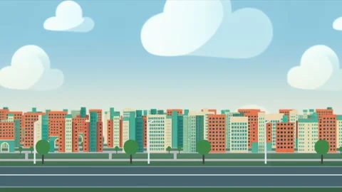 Flat cityscape buildings with empty street road looped background 스톡 동영상 223328262