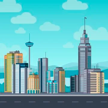 Flat cityscape. Skyscraper modern buildings city office center, apartment house Ilustración de archivo