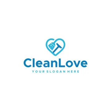 Flat CleanLove broom vacuum cleaner logo design Stock Illustration