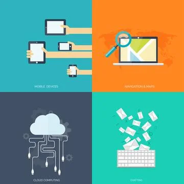 Flat cloud computing background. Data storage network technology. Multimedia Illustrazione stock