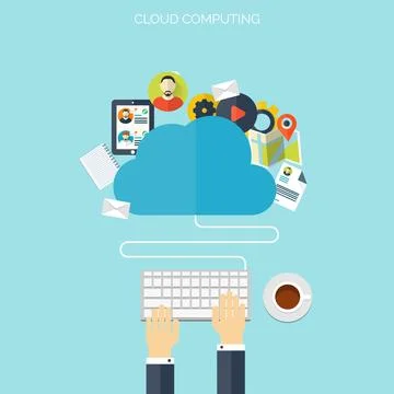 Flat cloud computing background. Data storage network technology. Multimedia 스톡 일러스트