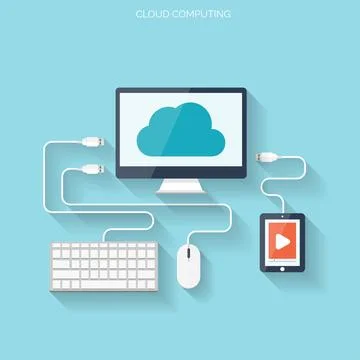 Flat cloud computing background. Data storage network technology. Multimedia Illustrazione stock