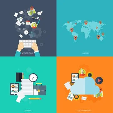 Flat cloud computing background. Data storage network technology. Multimedia Illustrazione stock
