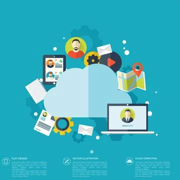 Flat cloud computing background. Data storage network technology. Multimedia Illustrazione stock