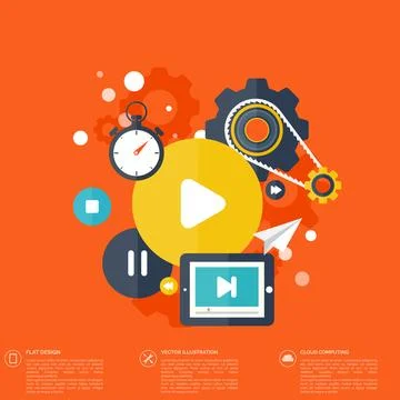 Flat cloud computing background with media icons. Data storage network イラスト素材