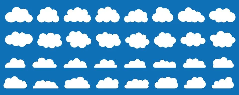 Flat cloud shape vector icon set on blue background. Stock Illustration