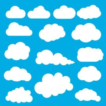 Flat cloud. Simple cloudy shapes. Cartoon white puffy, fluffy and cumulus c.. Illustrazione stock