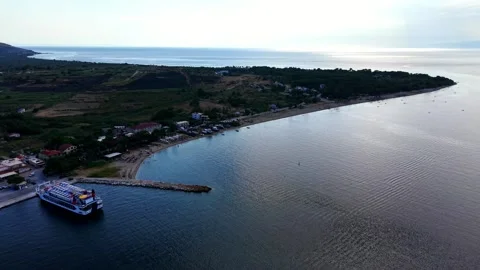 Flat coastline of Thassos in soft evening light, aerial Stock Footage 347173533