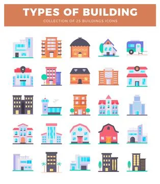Flat collection of diverse building icons arranged in rows Stock Illustration