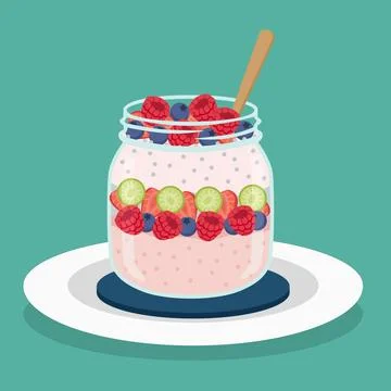 Flat color of chia seed pudding in glass jar with fresh fruit like raspberr.. 스톡 일러스트