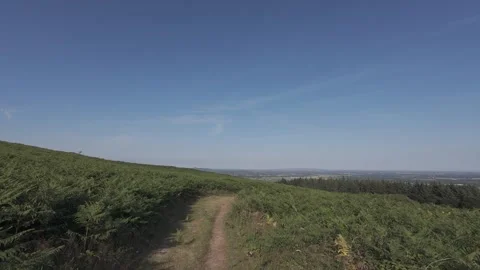 Flat color dirt pathway through green hill field under sky Stock Footage 340445770