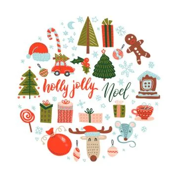 Flat color Doodle vector Christmas design elements. Hand drawn illustration g Stock Illustration