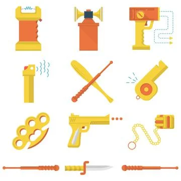 Flat color icons vector collection of self-defense Set of flat yellow and ... Stock Photos