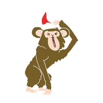 Flat color illustration of a chimp scratching head wearing santa hat Illustrazione stock