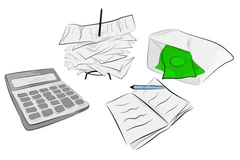 Flat Color Illustration for Cost Control (calculator, stack of payment receip Stock Illustration