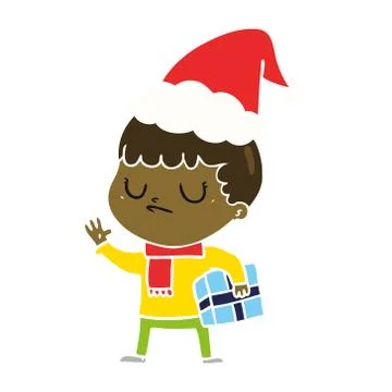 Flat color illustration of a grumpy boy wearing santa hat Illustrazione stock