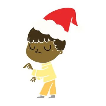 Flat color illustration of a grumpy boy wearing santa hat Stock Illustration