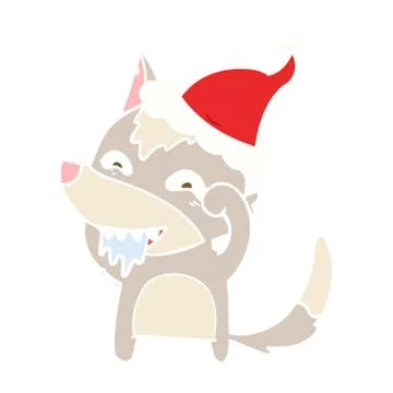Flat color illustration of a hungry wolf wearing santa hat Stock Illustration