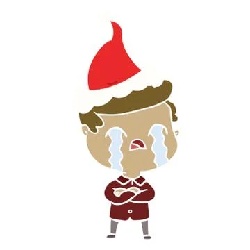 Flat color illustration of a man crying wearing santa hat Stock Illustration