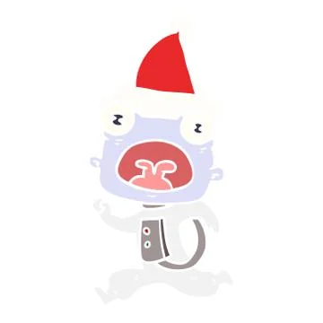 Flat color illustration of a weird alien running away wearing santa hat Stock Illustration