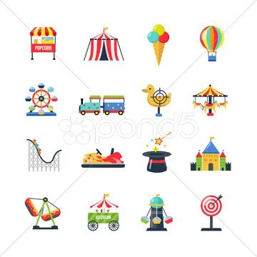 Flat Color Isolated Amusement Park Icons Stock Illustration