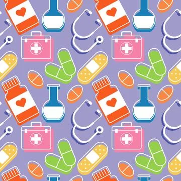 Flat color medical pattern with elements of pills, bottle, sthetoscope, patch 스톡 일러스트