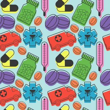 Flat color medical pattern with elements of pills, ambulance, thermometer and イラスト素材