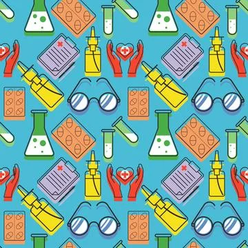 Flat color medical pattern with elements of pills, nose spray, laboratory tubes イラスト素材
