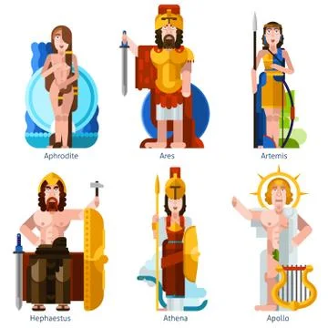 Flat Color Olympic Gods Icons Set Stock Illustration