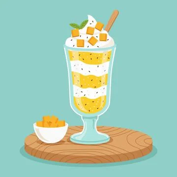 Flat color of refreshing mango and coconut layered dessert with chia seeds .. Stock Illustration