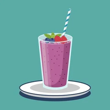 Flat color of refreshing mixed berry smoothie in a glass with a straw toppe.. Stock Illustration