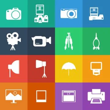 Flat color style camera and accessory icons vector set. Stock Illustration