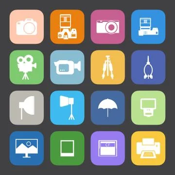 Flat color style camera and accessory icons vector set. Stock Illustration