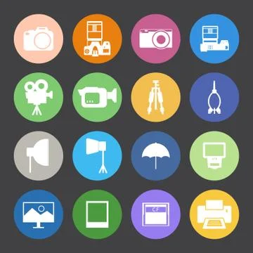 Flat color style camera and accessory icons vector set. Stock Illustration