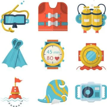 Flat color style diving vector icons Stock Illustration