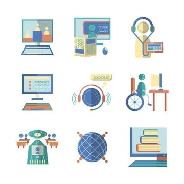 Flat color vector icons for e-education Stock Illustration