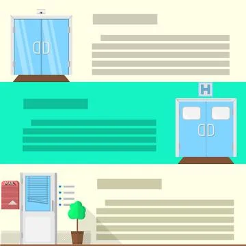 Flat color vector icons set for doors Double glass door, hospital entrance... Stock Photos