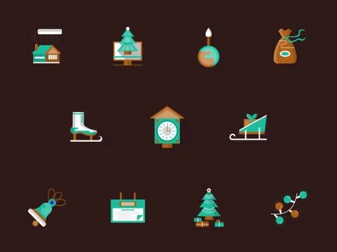 Flat color winter holidays vector icons set Illustrazione stock